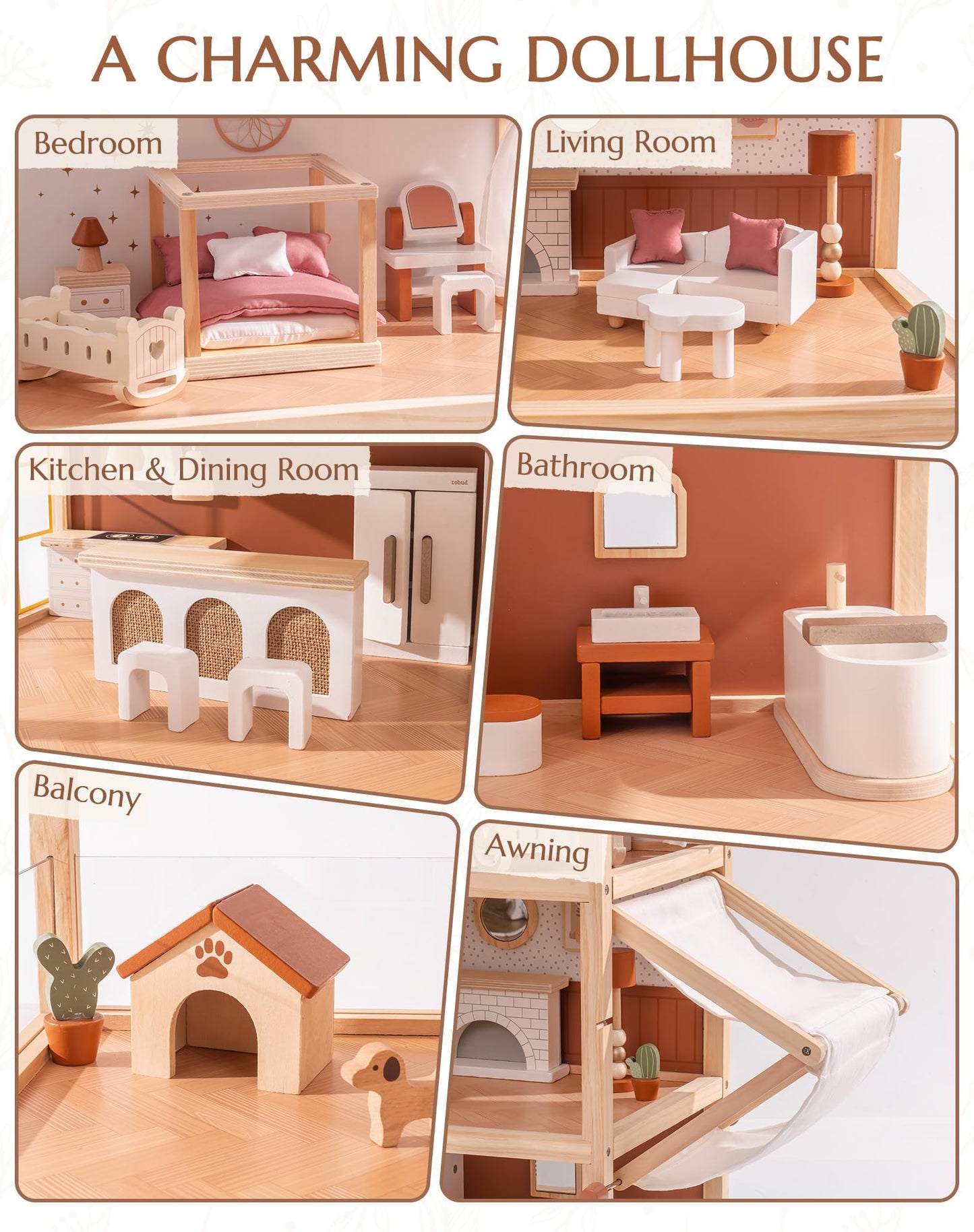 ROBUD Doll House - Wooden Bohemian Dollhouse with Realistic Design, Includes 37 Pieces of Furniture & Accessories for Kids Ages 3+