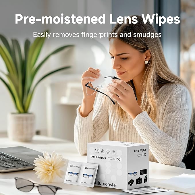 Lens Cleaning Wipes for Eyeglasses Lulumonster, [Pre-Moistened Individually Wrapped Wipes] [Non-Scratching & Non-Streaking] Cleaner Wipes for Glasses, Sunglass, Phone Screen Camera Lens, Goggles (150)