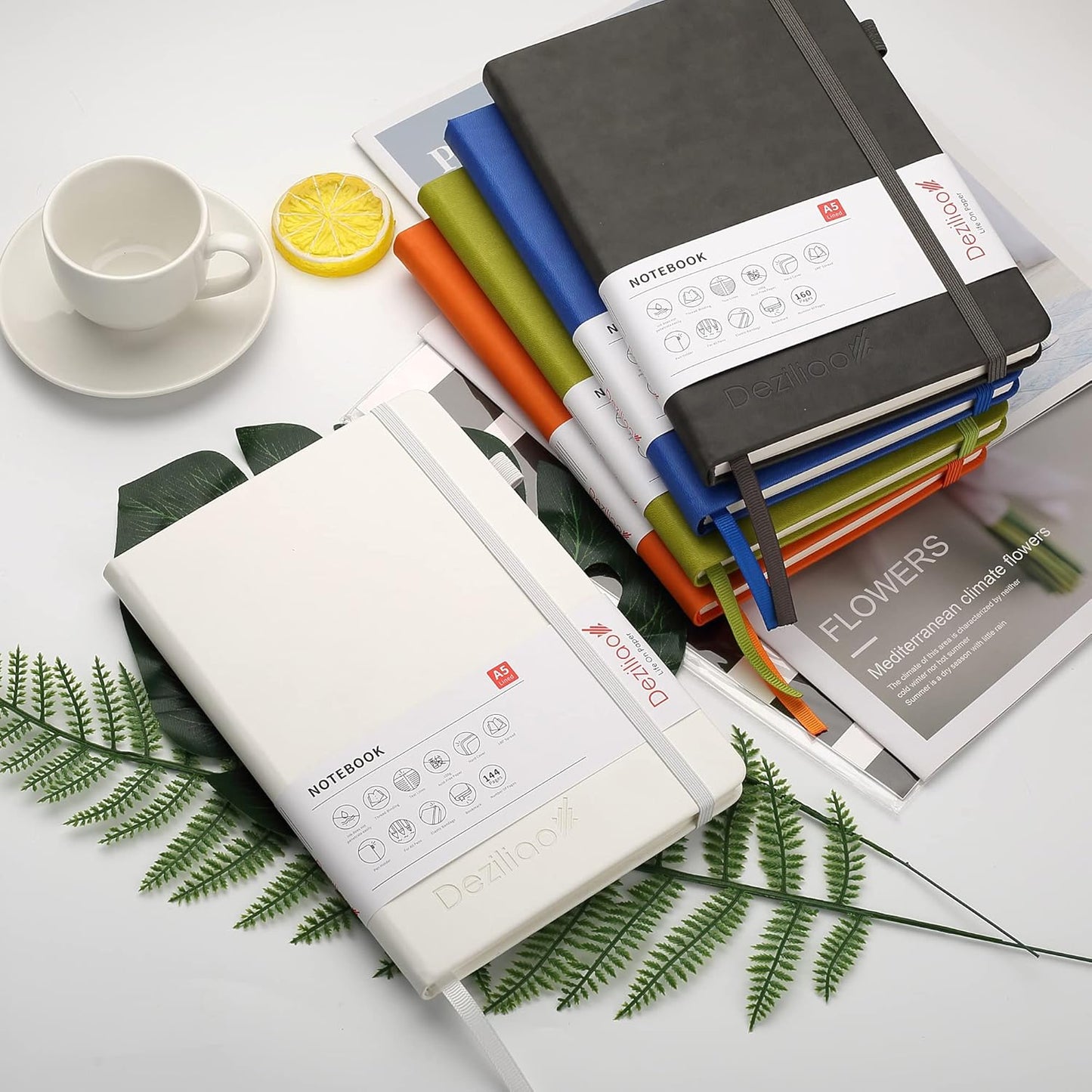 Deziliao Lined Journal Notebooks with Pen Loop, Hardcover Notebook Journal for Work, 100Gsm Premium Thick Paper with Inner Pocket, Medium 5.7"x8.4", （White, Ruled）
