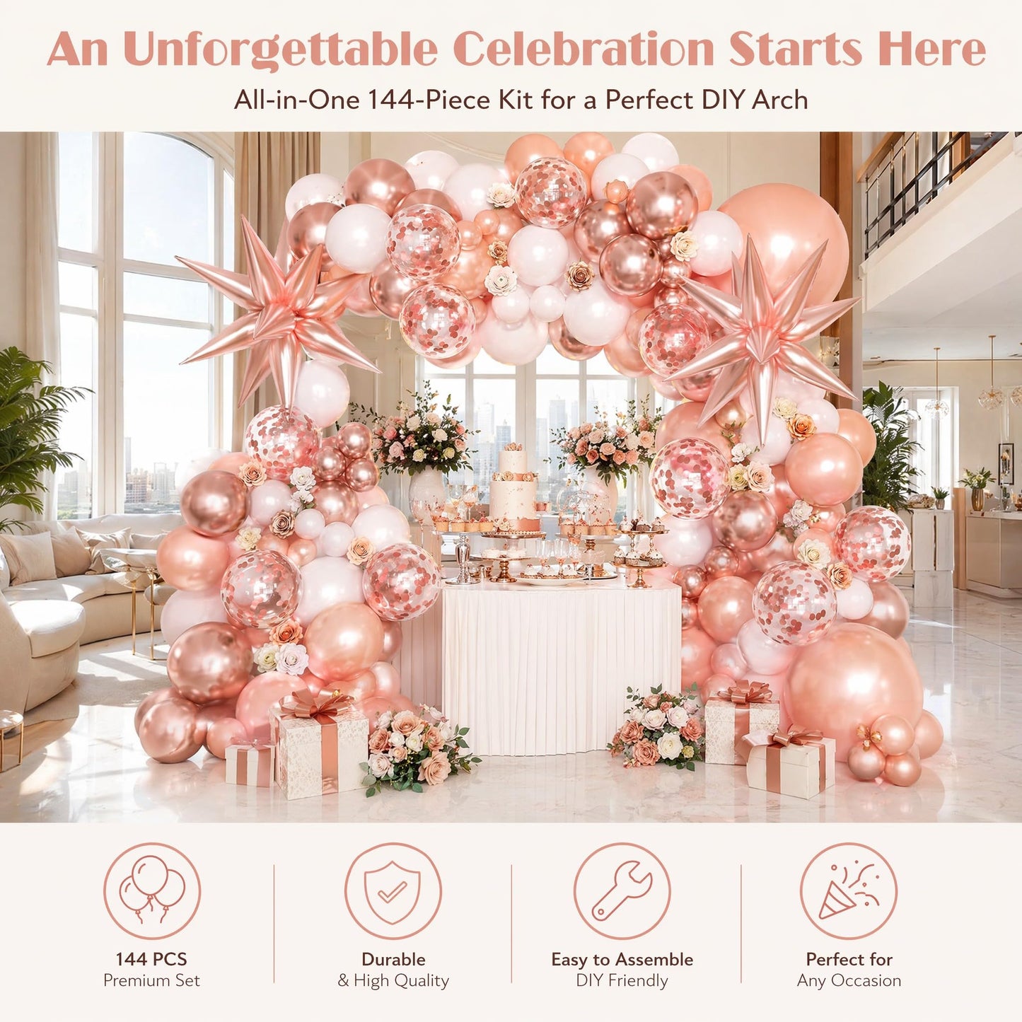 KARLURE Rose Gold Balloons Arch Kit Garland with Metallic Rose Gold Confetti Balloons for 2026 Graduation Decorations Prom Bridal Shower Birthday Baby Shower Wedding Anniversary Party Decorations