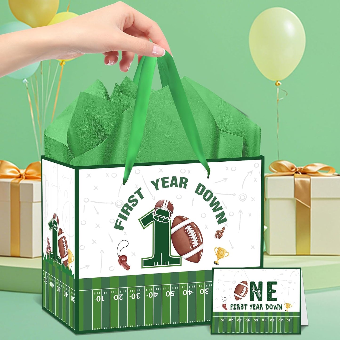 EoBeCy First Year Down Football Gift Bags, Large First Birthday Gift Bag with Tissue Paper and Greeting Card, Football Wrapping Paper for Boys Kids Men Sports Theme 1st Birthday Party Favor Supplies