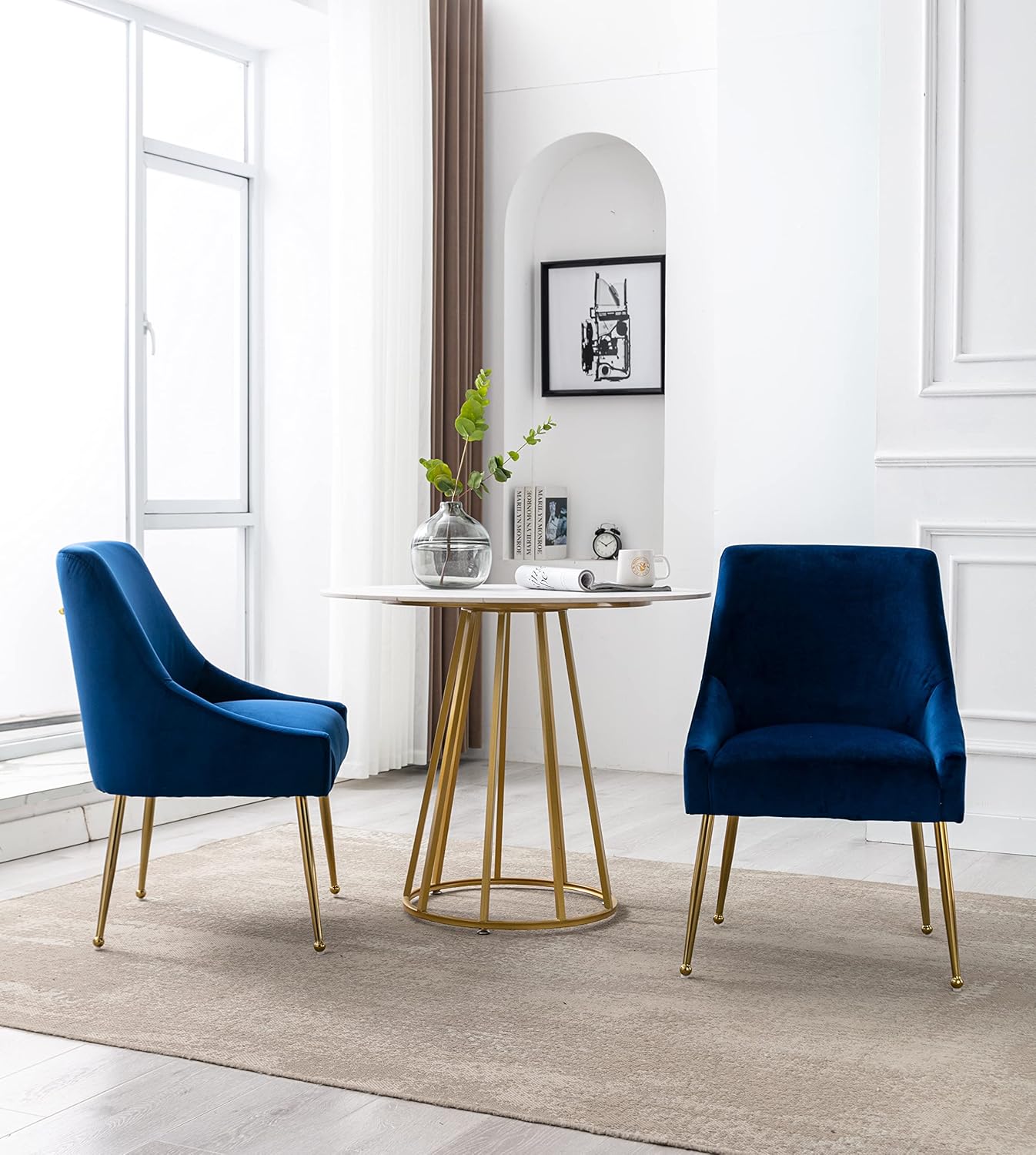 Modern Velvet Dining Chairs Set of 2, Contemporary Upholstered Furniture Collection with Polished Gold Metal Legs, Elegant Accent Chairs for Kitchen Living Room(Blue)
