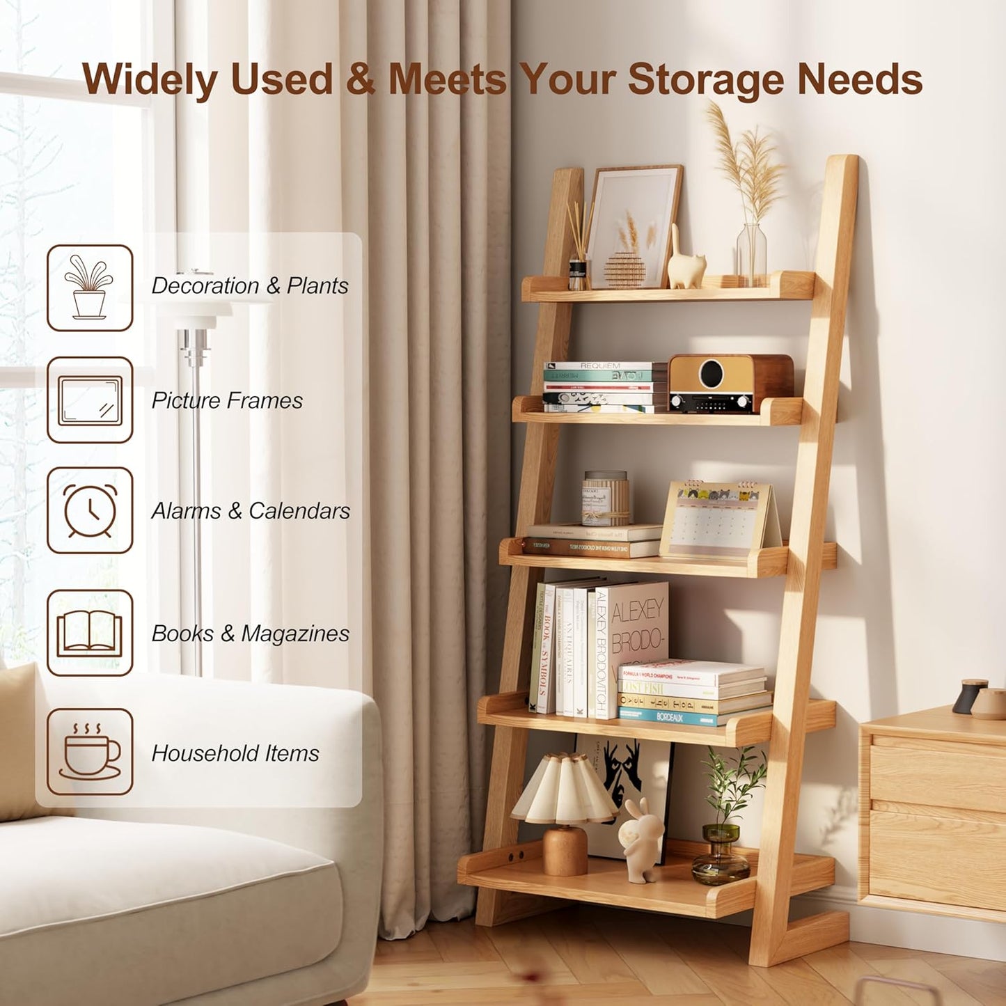 Wooden Ladder Shelf with Edges, 5-Tier Modern Leaning Bookshelf Ladder – Stylish Space-Saving Bookcase for Living Room, Bedroom & Home Office