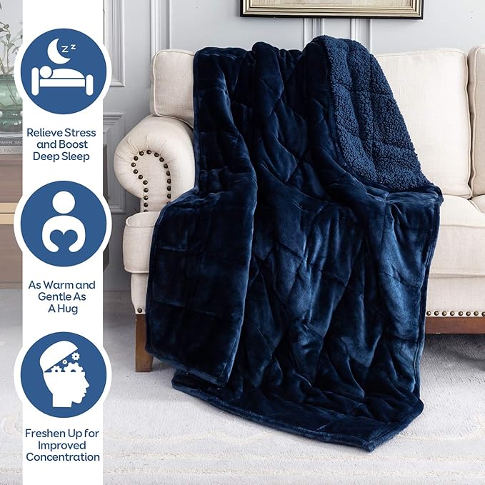 Cottonblue Weighted Blanket 15lbs for Queen Bed, Weighted Blankets for Adults, Fuzzy Soft Sherpa Flannel Throw, Cozy Plush Blanket for Sofa Bed,60 x 80 inches,Navy Blue