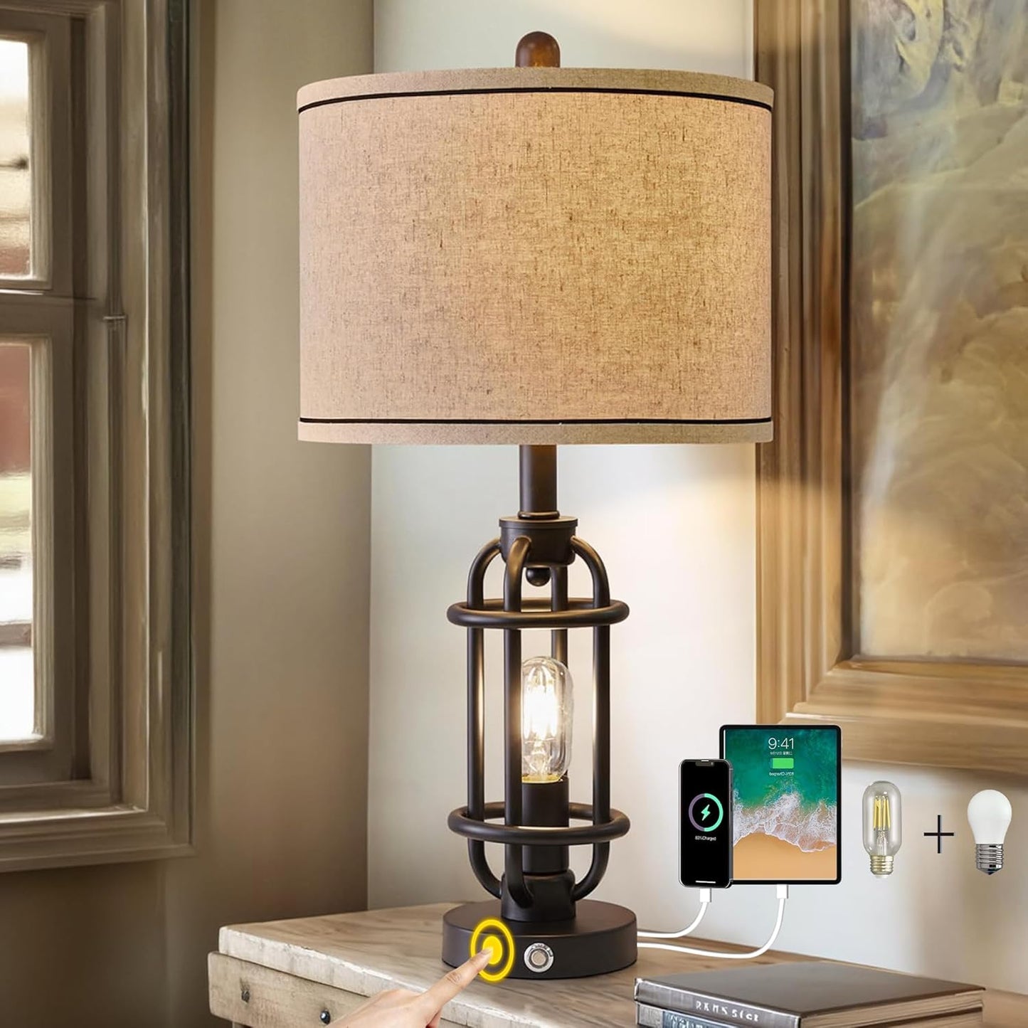 23.75'' Industrial Black Metal Table Lamps Living Room Lamp for Nightstand Bedroom lamp Single Bedside End Side Table Lamps Home Decor Touch Lamp Modern Lamps with USB Ports, Bulbs Included