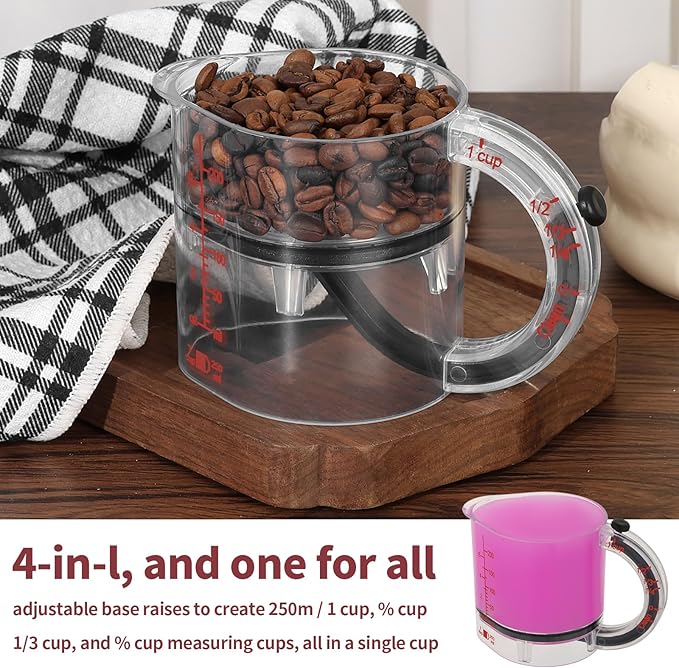 4-in-1 Adjustable Measuring Cup, Adjustable Base Kitchen Measuring Cup, Push-In Measurings Cups with Oz/Ml Dual Markings, Multi Measurings Cube Cups for Cooking and Baking (1PC)