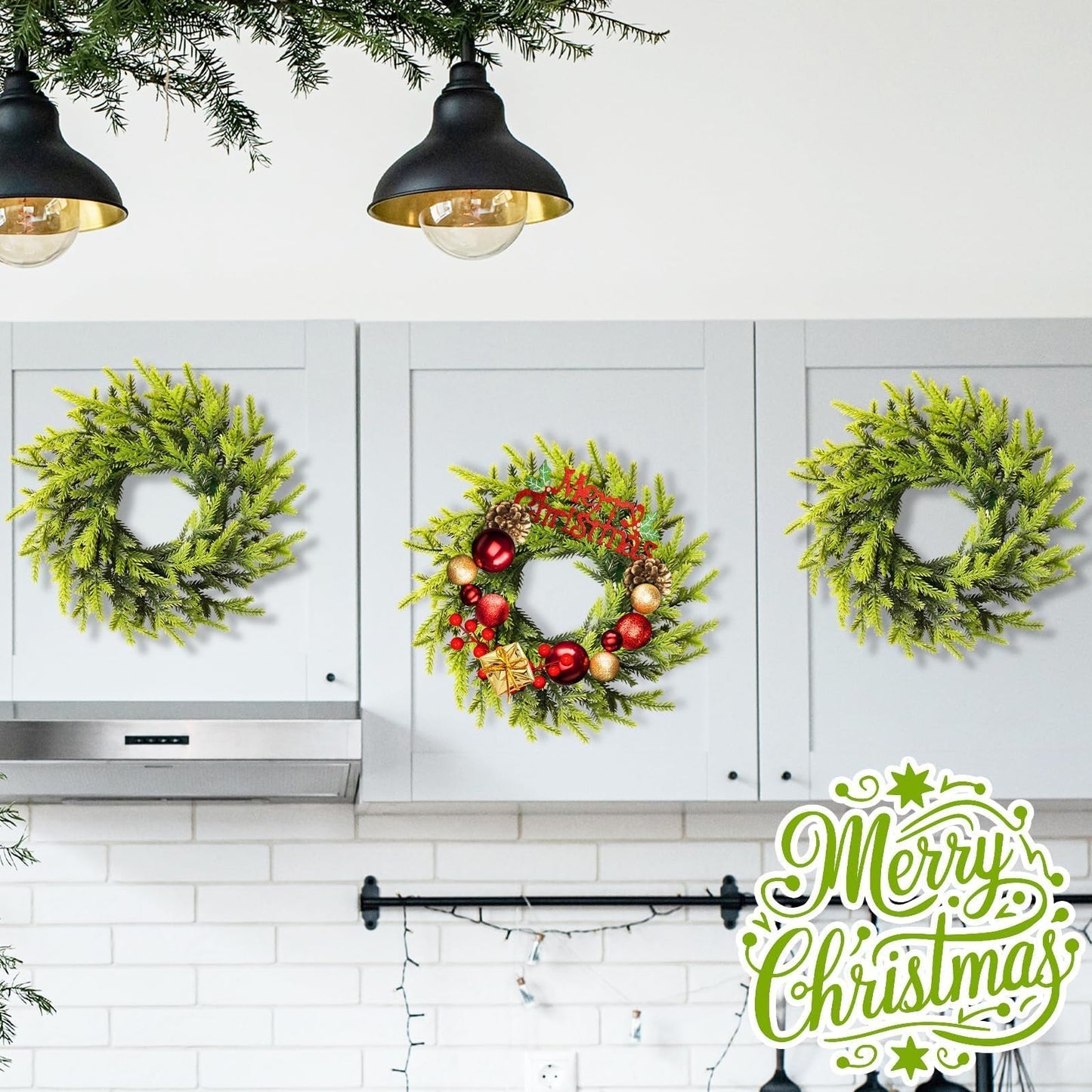 8 Pcs Christmas DIY Gree Wreath 10 Inch Green Artificial Wreaths DIY Faux Plain Wreaths Front Door Green Farmhouse Cabinets Wreath Indoor Outdoor Wall Decor(Pine Needle)
