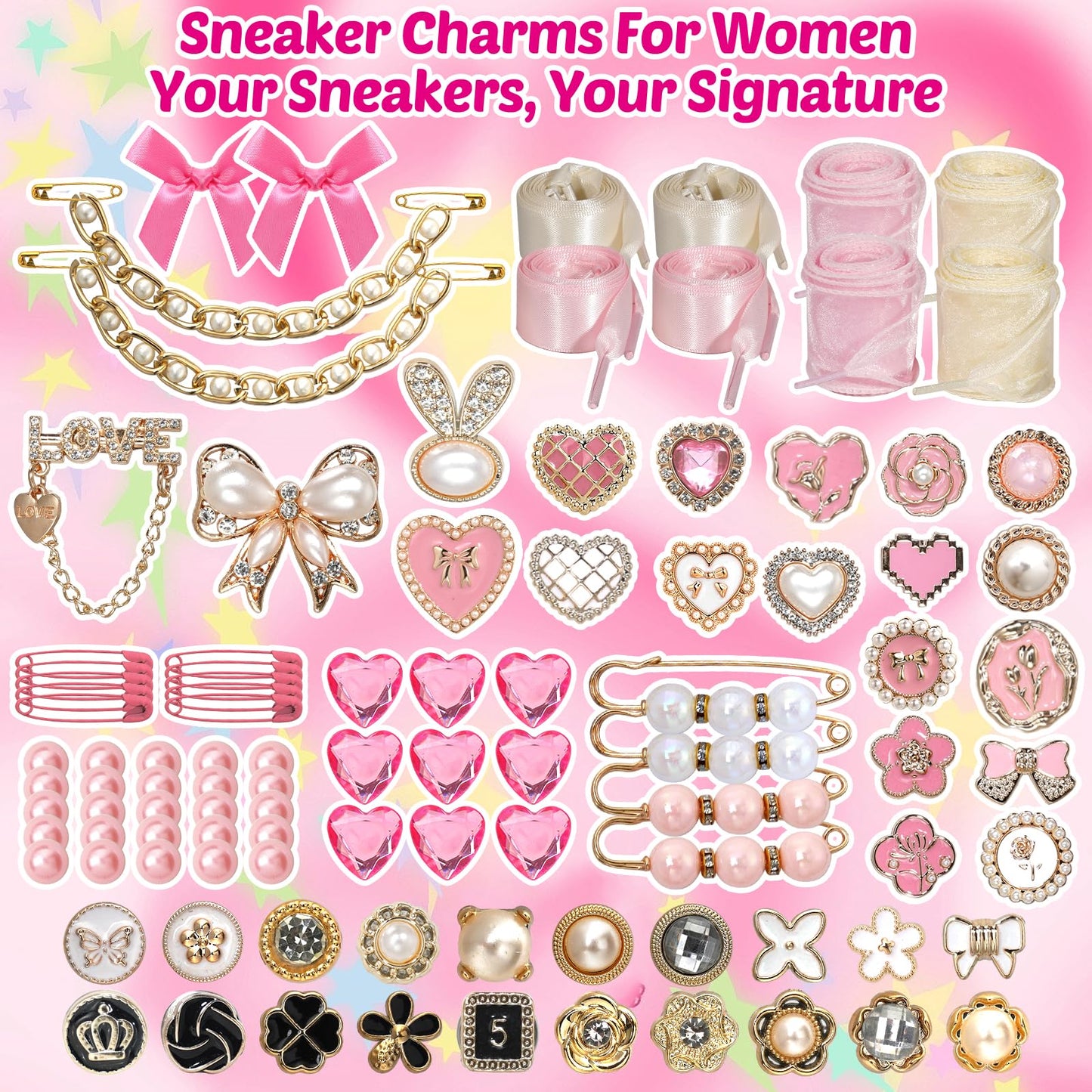 Lugailly Shoe Charms for Sneakers, Junk Socks Charms Kit, 100 PCS Pink Sneaker Charm for Women Teen Girls with Satin & Lace Shoelaces, Cute Shoelace Charm for Shoe Jewelry Decoration Accessories