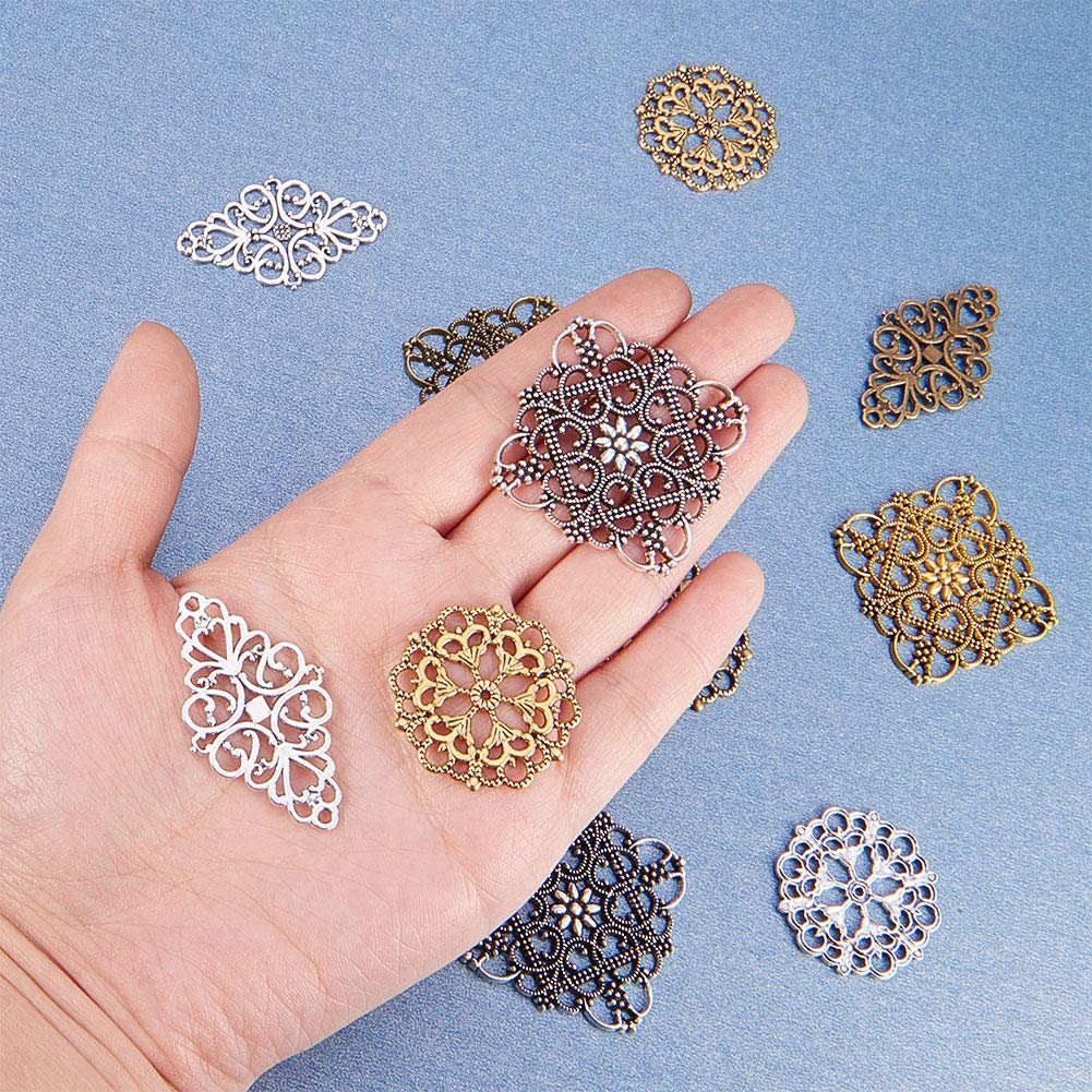 PH PandaHall 40pcs Filigree Connectors, 3 Color Rhombus Flower Charms Hollow Pendants Tibetan Metal Filigree Embellishments for DIY Hairpin Headwear Earring Necklace Jewelry Making