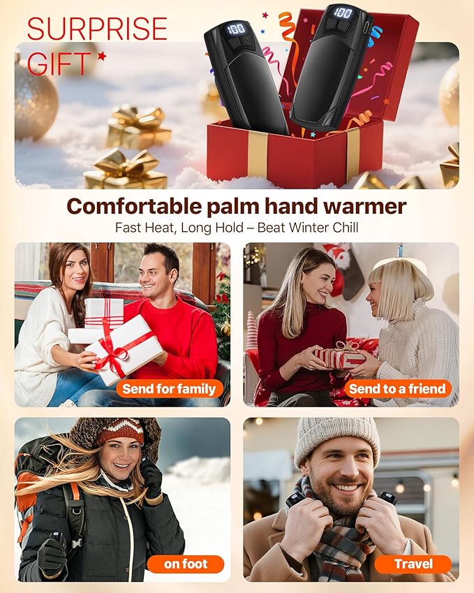 Kesguar Hand Warmers Rechargeable 2 Pack - 6000mAh Electric AI Handwarmers, LED Display & 5-Level Heating, 20Hrs Long Lasting, 2-in-1 Portable Heater, Gifts for Men/Women/Golf/Hunting