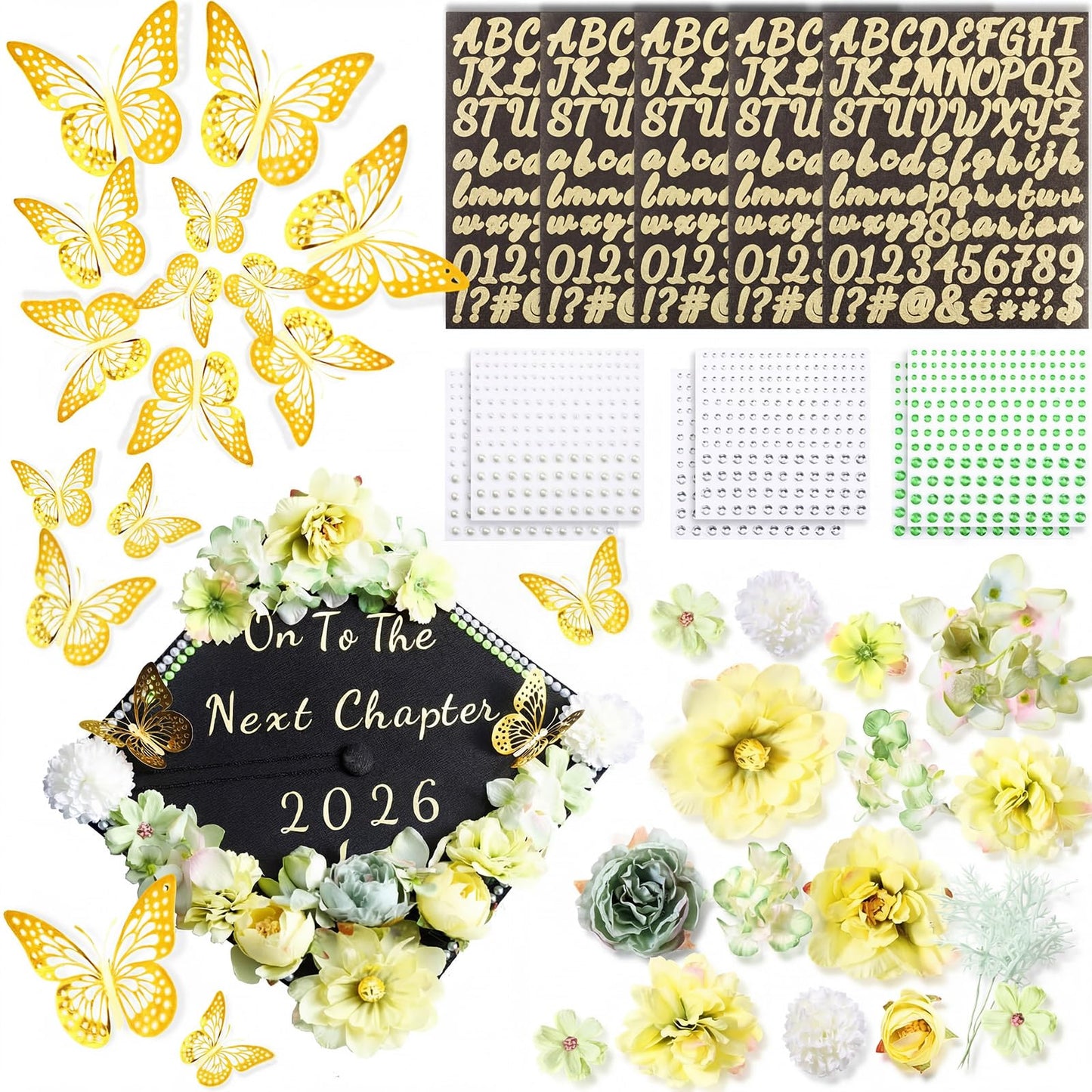 Hoteam DIY Graduation Cap Decorations Kit Included Faux Flowers 3D Butterfly Self Adhesive Rhinestones Glitter Alphabet Letter Stickers for 2026 Grad Cap Topper Party Gifts Decor(Green)