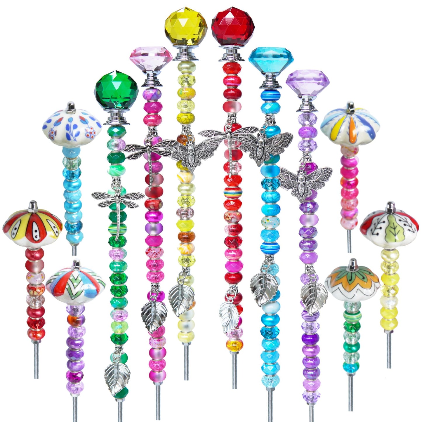 Fairy Wand Garden Stake Beads Kits,Beaded Decorative Garden Stakes Kit, 6 Large(14in) + 6 Mini (6in) Beaded Fairy Garden Stakes with Crysta l& Ceramic Toppers