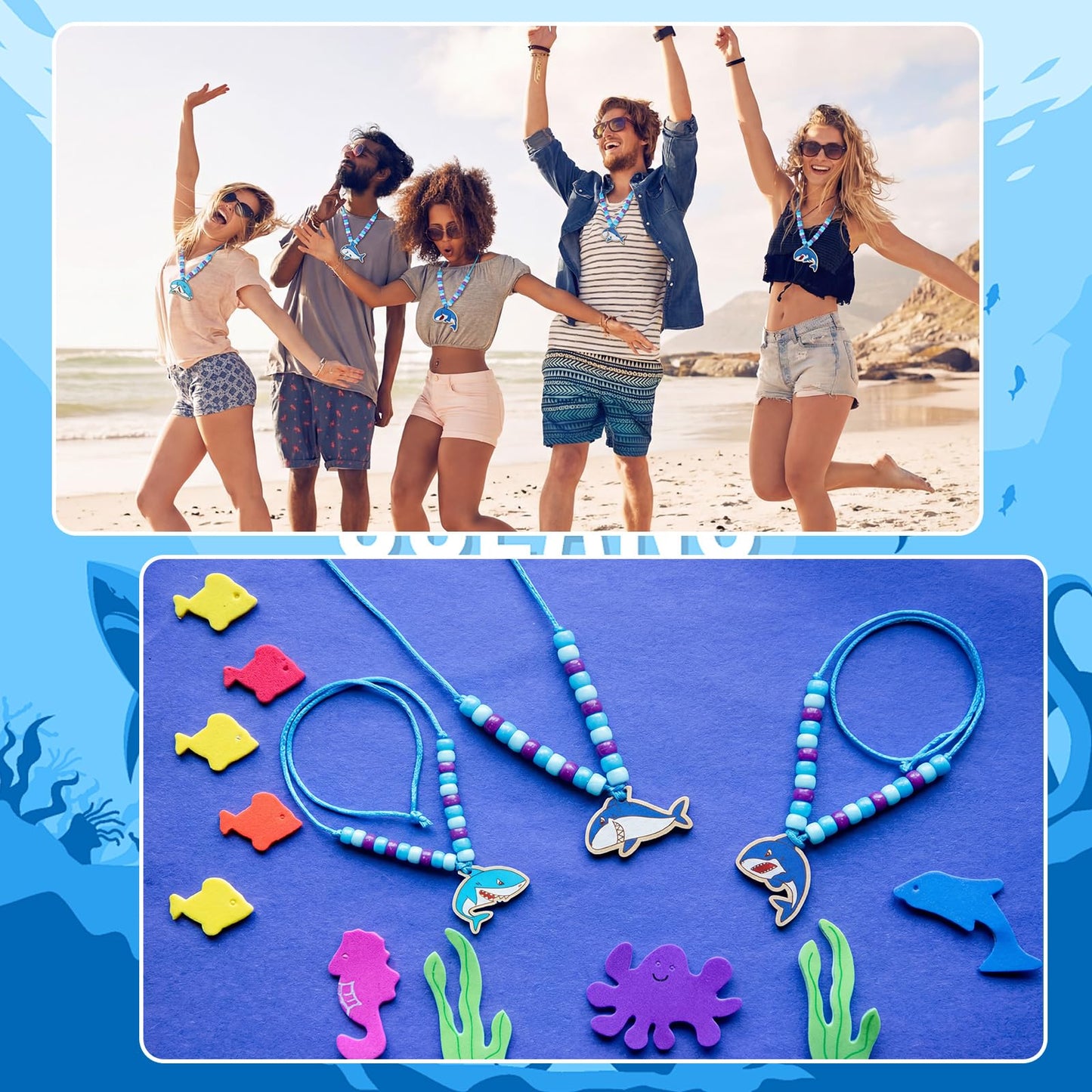 Ecally 24 Sets Shark Bead Necklaces Crafts Ocean Animals Beads for Necklaces Making DIY Summer Shark Charms Pendant for Under the Sea Beach Themed Party Favor Supplies Classroom Activities