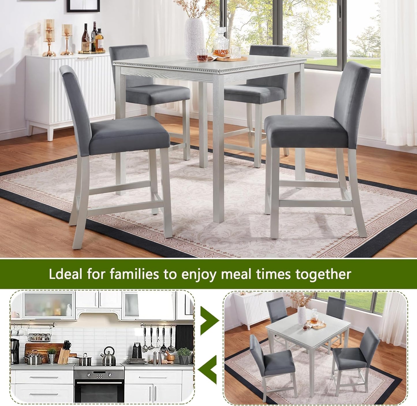 KEIKI 5-Piece Counter Height Dining Table Set with Square Table and 4 Upholstered Chair, for 4 Person, Classic Crystal Decoration Wooden Table Set, Easy Assembly, for Kitchen, Dining Room, Silver Grey