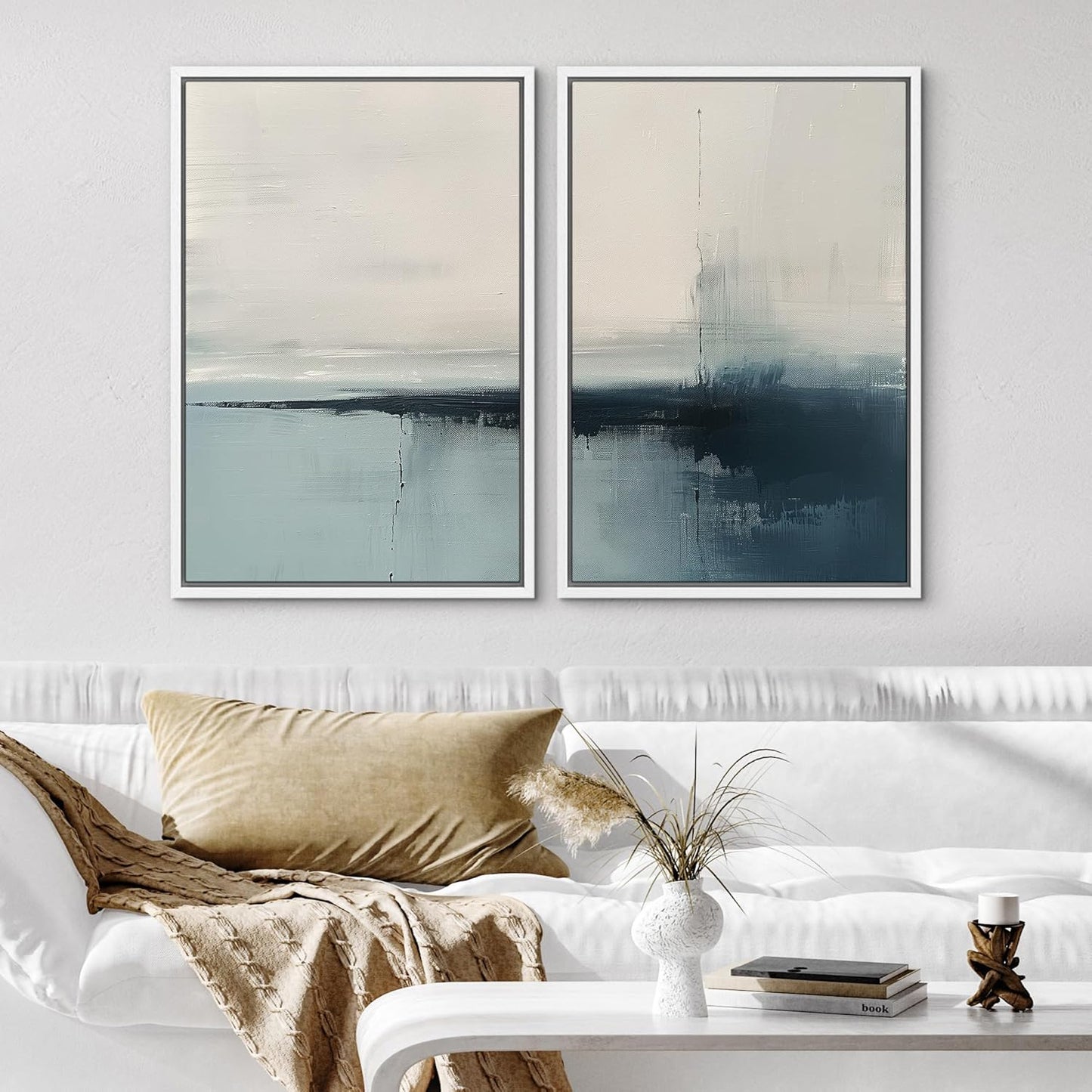 SIGNWIN Framed Canvas Print Wall Art Modern Blue Ocean-Inspired Coastal Abstract Serene Neutral Tones with Subtle Patterns Illustrations Decorative for Living Room, Bedroom, Office - 24"x36"x2 White