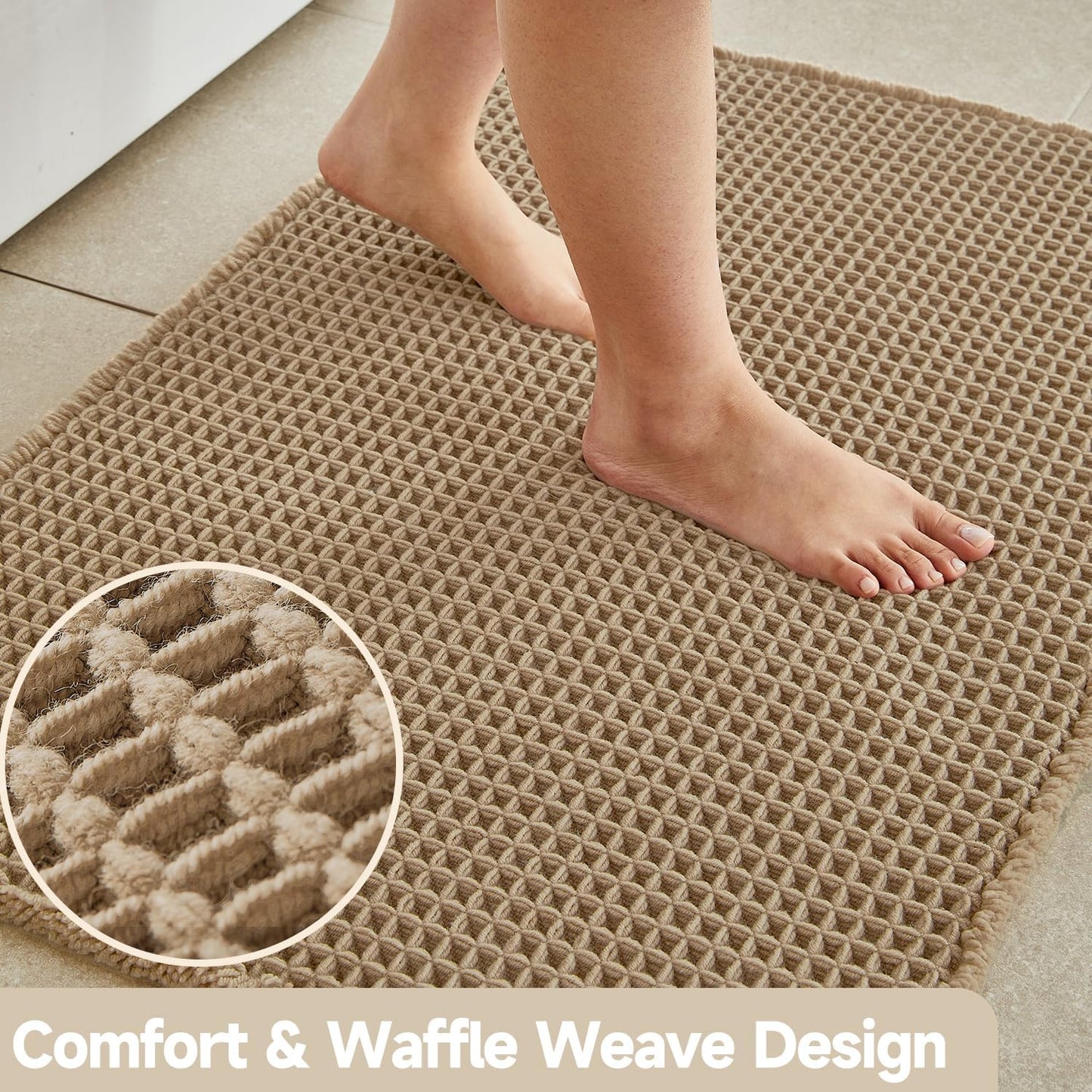 Waffle Bath Mat, Boho Bathroom Rugs Non Slip Washable Super Absorbent Quick Dry Farmhouse Bathroom Decor, 30"x20" Khaki