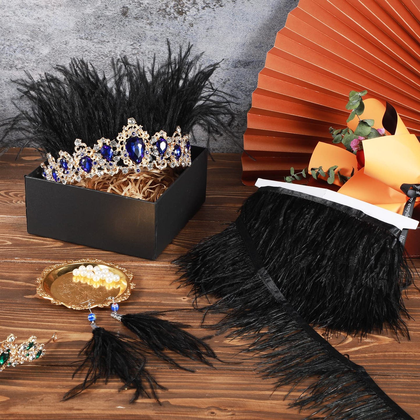 Janinka 10 Yards Black Ostrich Feathers Trims 3-4 Inch Feathers Fringe Trim Ribbon for DIY Dress Sewing Crafts Halloween Costumes Accessories