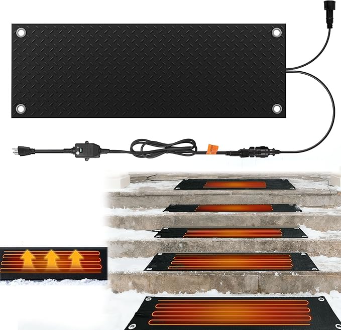 Snow Melting Mats Outdoor 10x30 Inch, Double No-Slip Rubber Heated Driveway Mats for Winter Snow Removal, 2 in/h Ice Melting Mats with Power Cord for Stairs, Walkways, Decks & Sidewalks,1PC