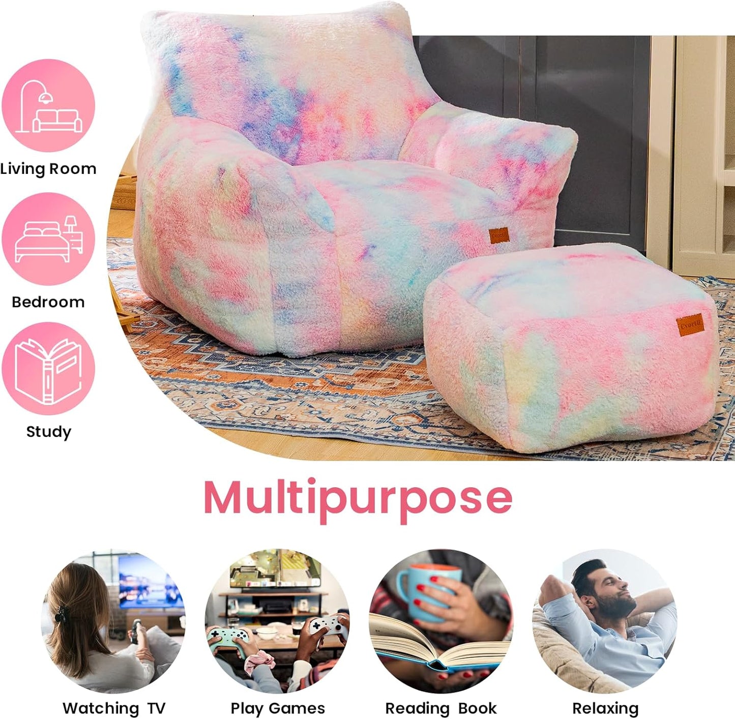 Bean Bag Chair, Sherpa Accent Beanbag Chair and Ottoman Set, Fur Faux BeanBag Chair with Memory Foam Filled, Lazy Sofa Comfy Cozy BeanBag Chair for Dorm, Apartment, Living Room (Colorful)