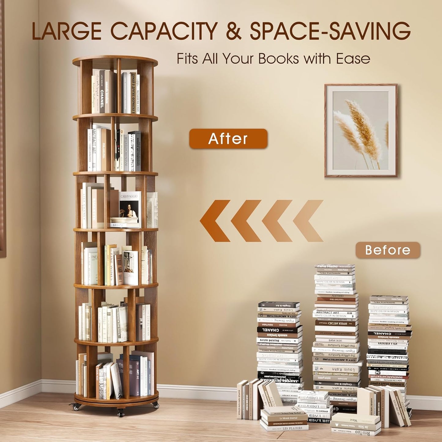6 Tier Solid Wood Rotating Bookcase with Wheels, Round Revolving Bookshelf Organizer, 360° Spinning Storage Shelf for Corner, Small Narrow Spaces, Home, Office, Kids Room