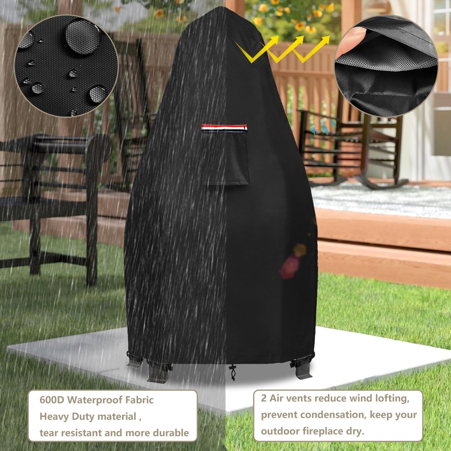 Patio Chiminea Cover,Heavy Duty 600D Waterproof Wood Burning Fire Pits Cover, Chimenea Outdoor Fireplace Wooden Fire Pit Covers,22" Dia x 43.3" H.