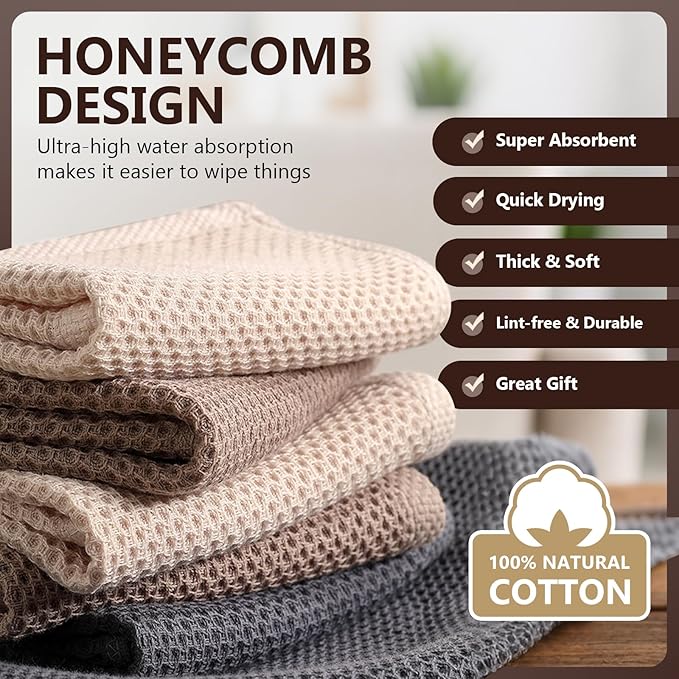 FGSAEOR 100% Cotton Kitchen Dish Cloths & Dish Towels Set, Ultra Soft Absorbent Waffle Weave Dishcloths for Drying Dishes Quick Drying Kitchen Towels Dish Rags, 12x12” (6-Pack), Multi-Color