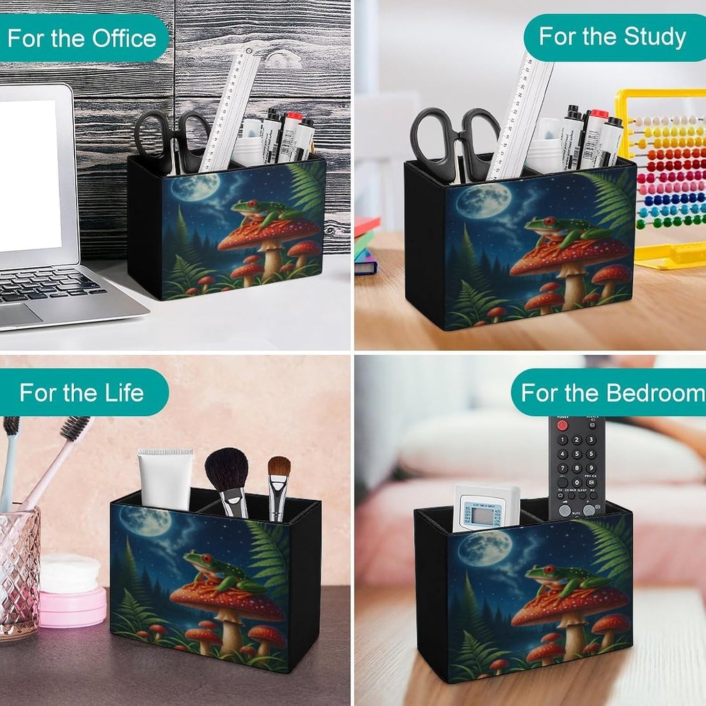 Frog On Mushroom Lether Pen Holder for Desk Makeup Brush Holder Office Organizer Desk Accessory for School Office