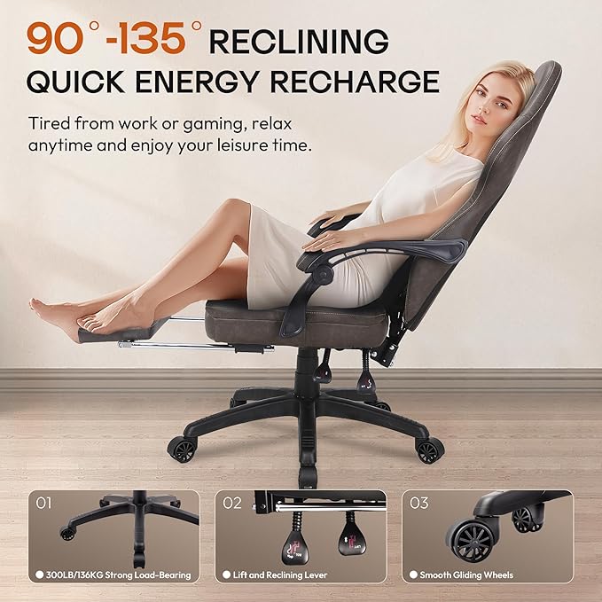Dowinx Gaming Chair Breathable PU Leather Gamer Chair with Footrest Massage Lumbar Support, Big and Tall Ergonomic Reclining Computer Chair with Pocket Spring Cushion for Adults Teens (Brown)
