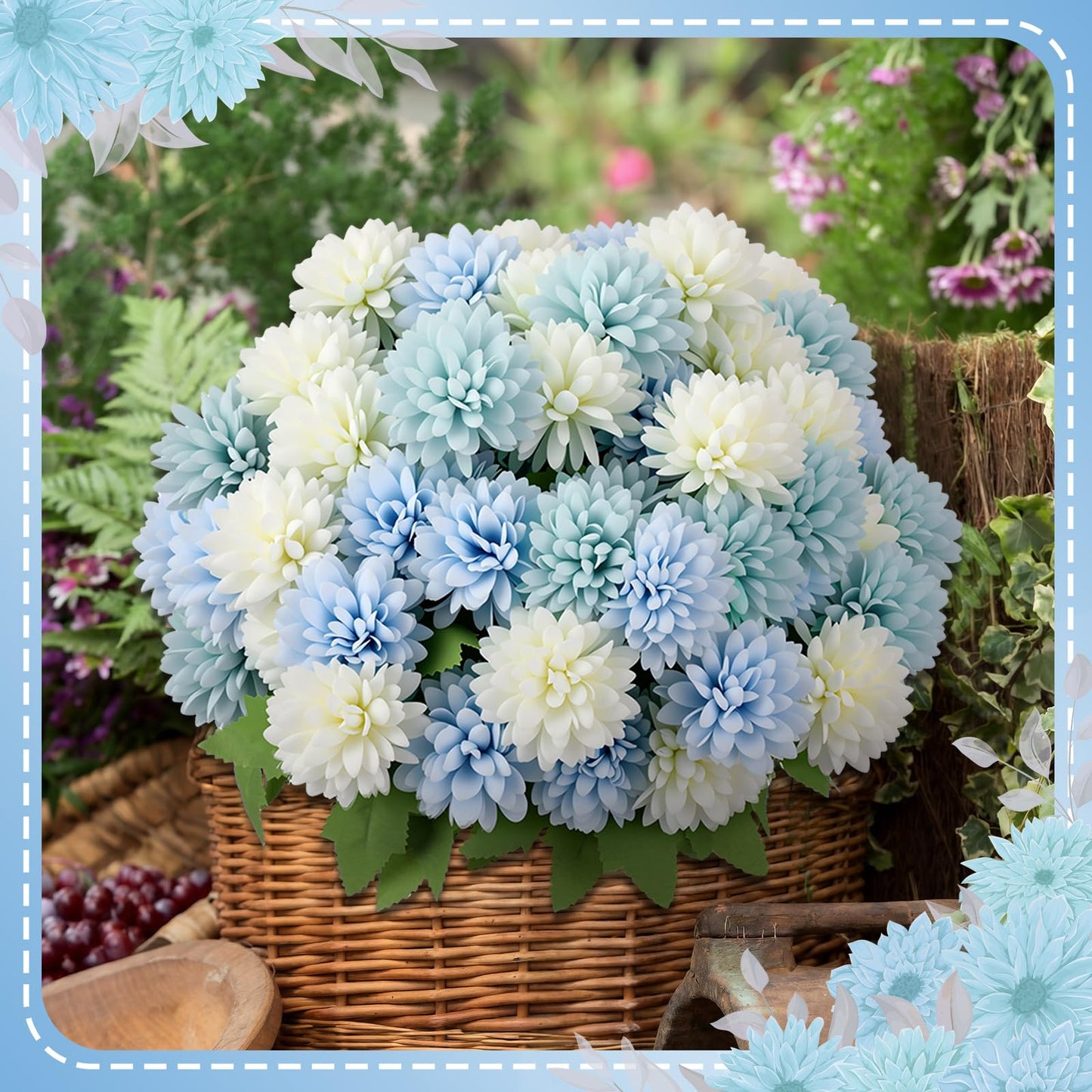 XunYee 12 Pcs Blue Artificial Flowers for Outdoor Decorations Spring Faux Chrysanthemums Mums Blue White Fake Flowers for Outside Garden Porch Window Patio Vase Table Wedding Home Decor