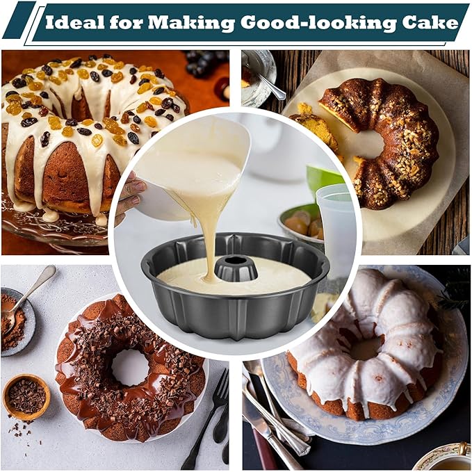 P&P CHEF 10 Inch Gray Non-stick Cake Pan, Carbon Steel Fluted Tube Round Baking Pan for Pound Cake, 10-Cup Large Capacity Bakeware, Healthy & Heavy Duty, 1 Piece