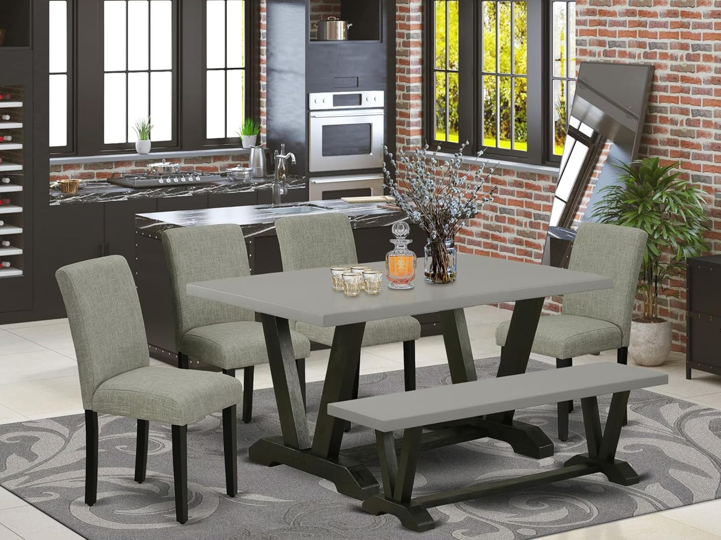 East West Furniture V696AB106-6 6 Piece Modern Dining Table Set Contains a Rectangle Wooden Table with V-Legs and 4 Shitake Linen Fabric Parson Chairs with a Bench, 36x60 Inch, Multi-Color