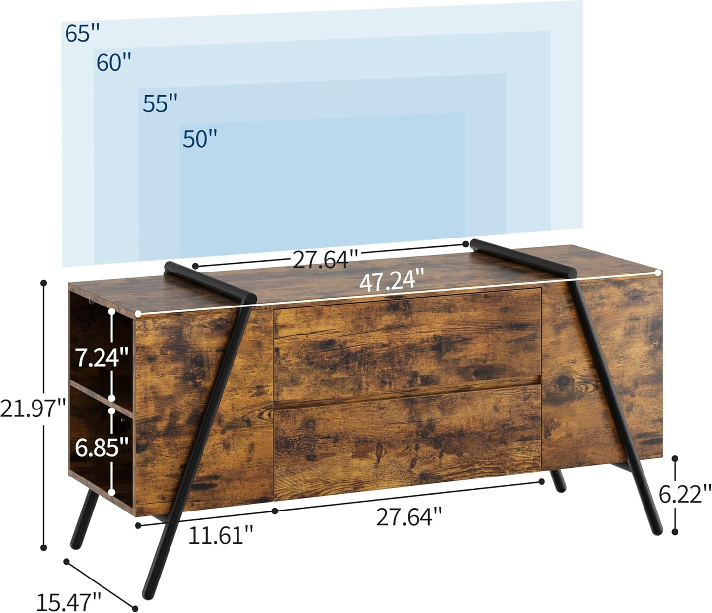 GarveeHome TV Stand for 47 Inch TV, Entertainment Center with 2 Drawers, Adjustable Shelves, U-Shaped Metal Legs, Farmhouse Wooden TV Console for Living Room, Bedroom, Amber Oak