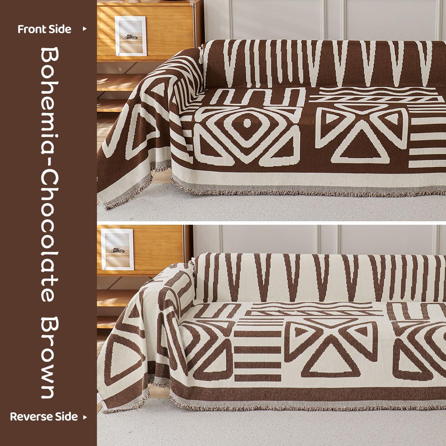 STACYPIK Boho Sofa Cover for Pet, Chocolate Geometric Couch Cover for Sectional, Washable L Shape Cover, Dog Couch Protector for 3 Cushion Couch, Non Slip Jacquard Sofa Silpcover with Tassles-71X150IN