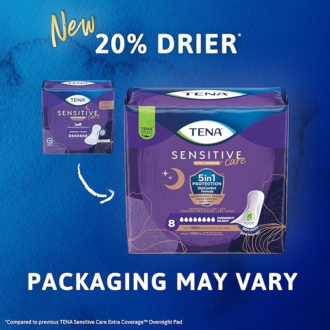 Tena Sensitive Care Incontinence Pads, Bladder Control, Postpartum for Women, Overnight Absorbency, Extra Coverage, 48 Count