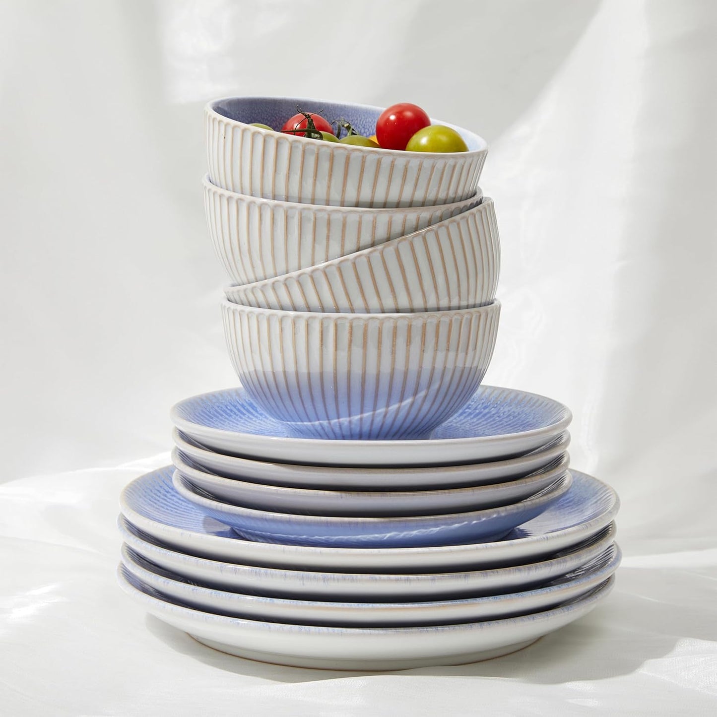 Ceramic Dinnerware Sets, Handmade Reactive Glaze Plates and Bowls Sets, Highly Chip and Crack Resistant Dish Set, Distinctive Granulated Surface Dishwasher & Microwave Safe Service for 4
