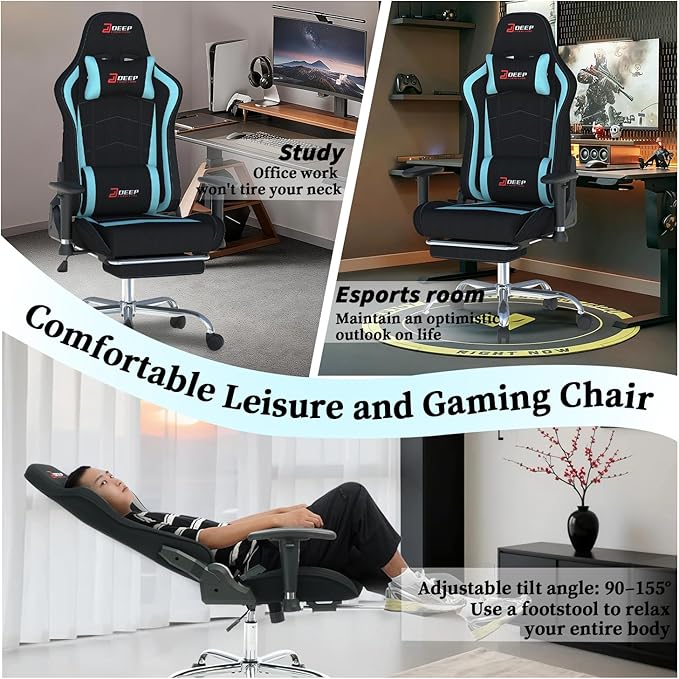 Fabric Gaming Chair, Skin-Friendly and Breathable, Manufactured by A Reputable Manufacturer, Safe and Stable, Specially Designed for Gaming.with Footrest Mg(1005-LightBlue)