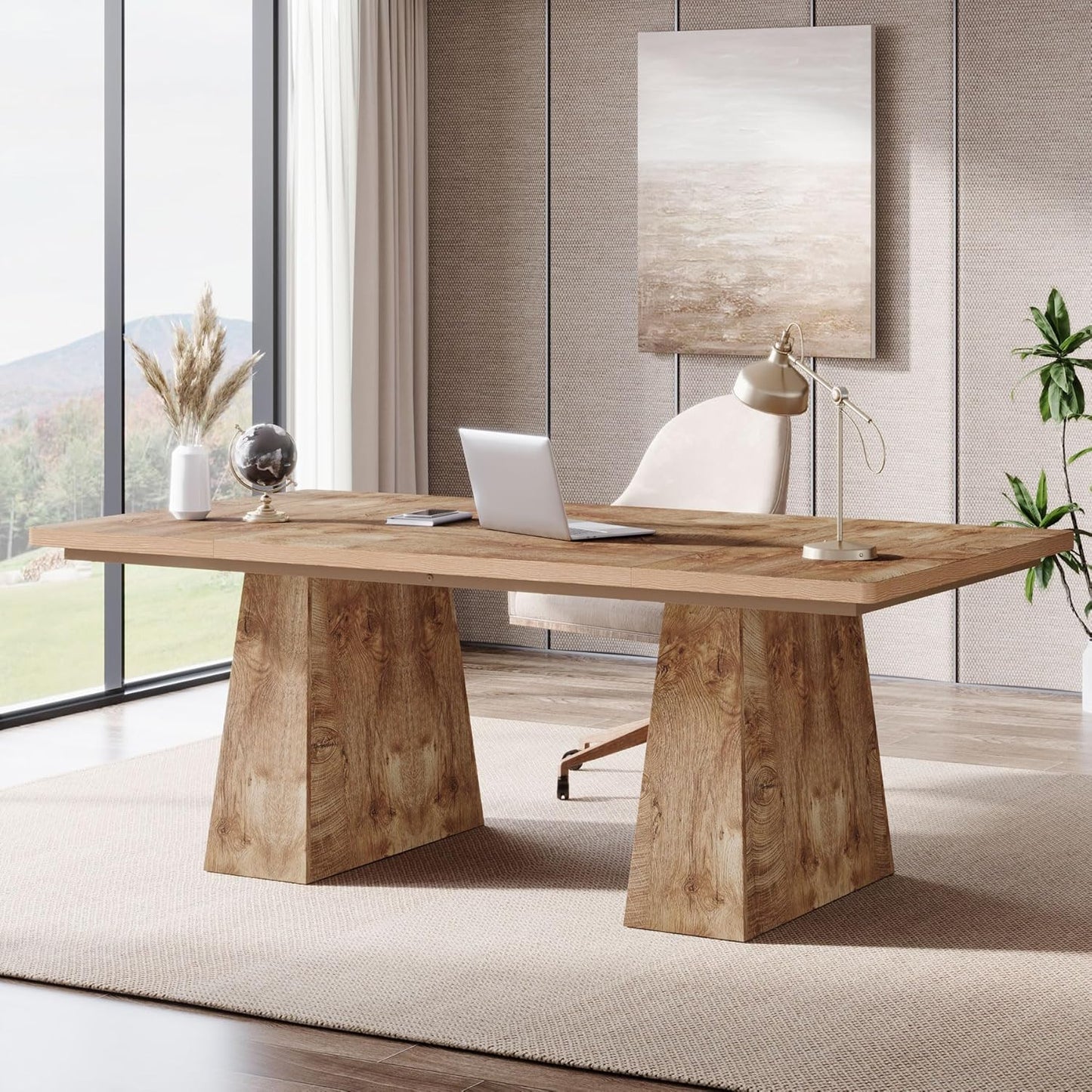 Tribesigns 63-Inch Executive Desk, Large Office Computer Desk with Double Pedestal, Modern Simple Workstations Writing Table Conference Table Business Furniture for Home Office, Natural
