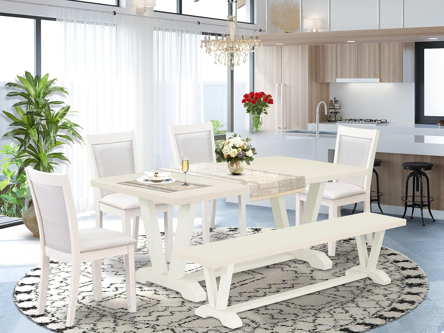 East West Furniture V027MZ001-6 6 Piece Dining Set Contains a Rectangle Dining Room Table with V-Legs and 4 Cream Linen Fabric Upholstered Chairs with a Bench, 40x72 Inch, Multi-Color