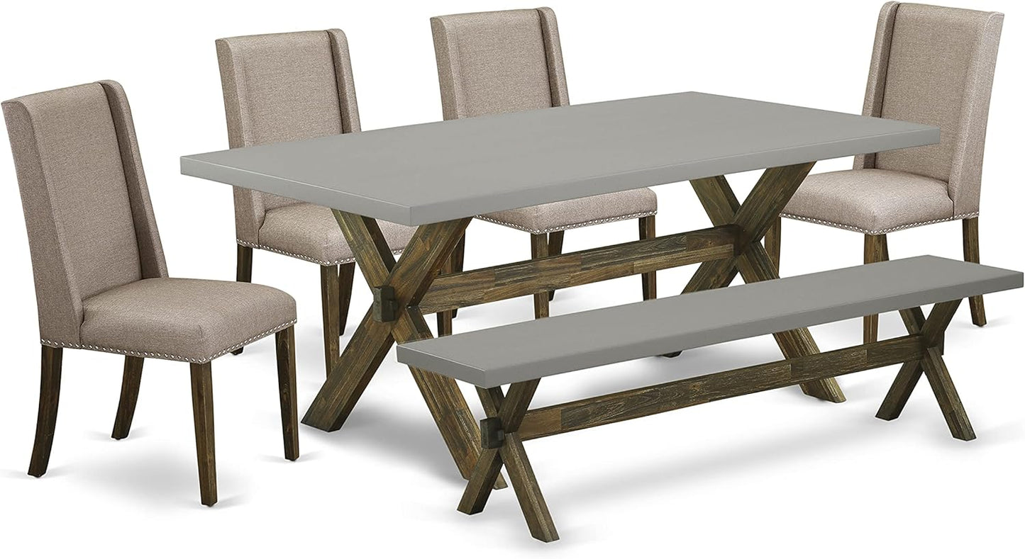 East West Furniture X797FL716-6 6 Piece Dining Table Set Contains a Rectangle Kitchen Table with X-Legs and 4 Dark Khaki Linen Fabric Parson Chairs with a Bench, 40x72 Inch, Multi-Color