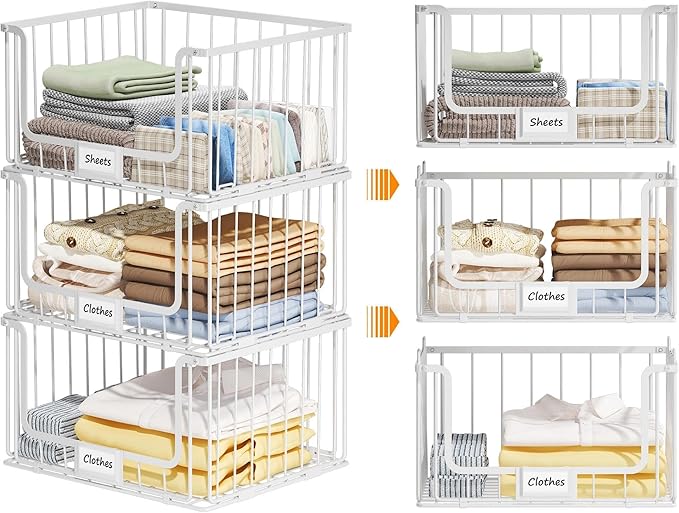 3-Tier Stackable Closet Organizers and Storage, Clothes Shelf Organizer, Foldable Wire Basket Bins, Sweater Storage for Closet and Pantry,11.8" D x 15.7" W,White