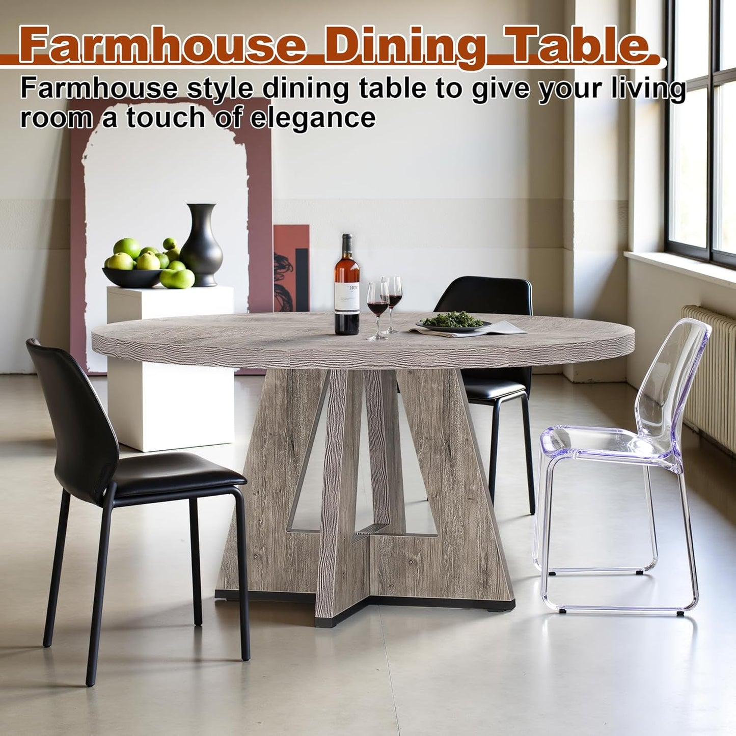 Round Dining Table for 4, 47 Inch Dinner Table Farmhouse Wooden Circle Kitchen Tables with Cross Base for Dining Room, Kitchen, Living Room, Gray