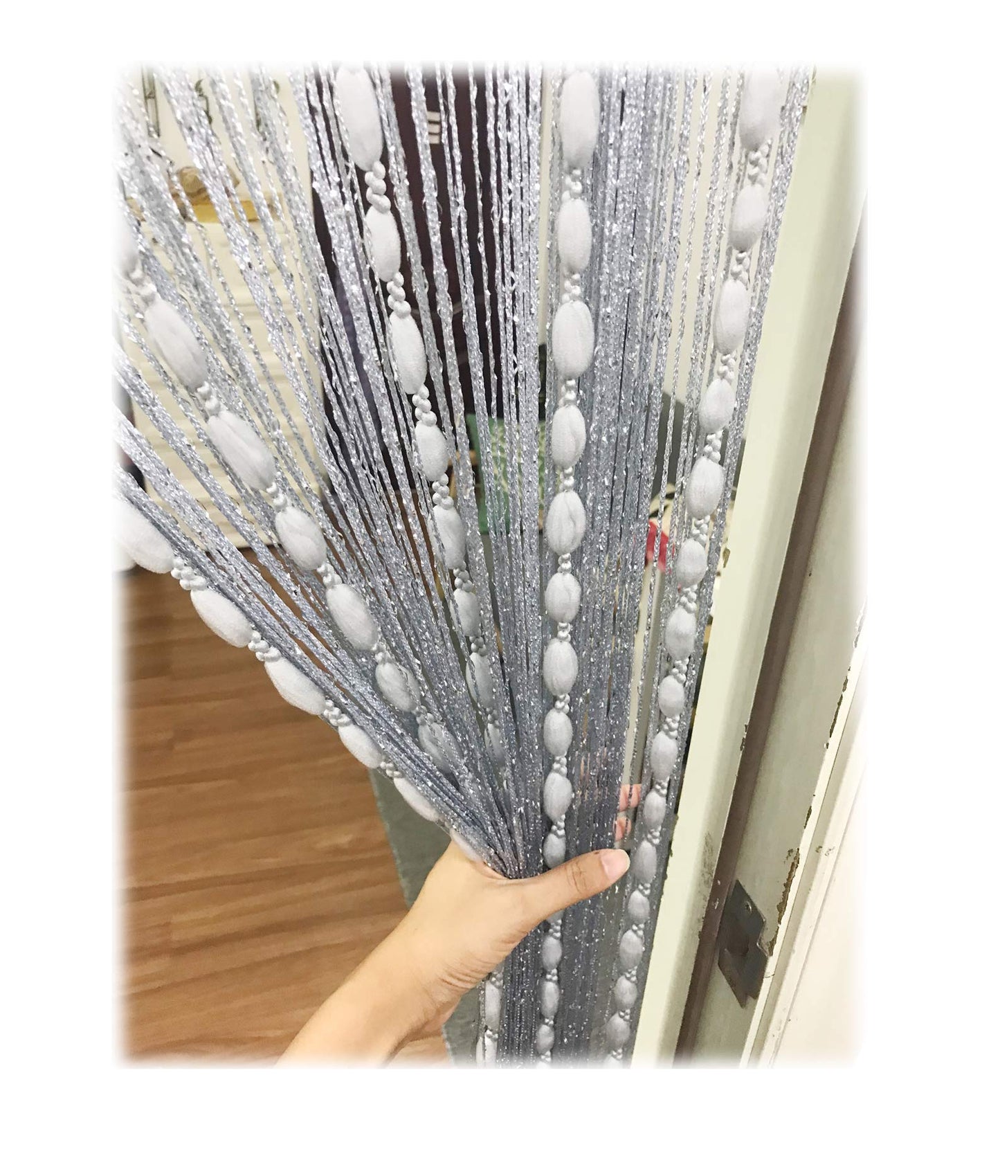 Eyotool Door String Curtain Flat Silver Ribbon Thread With Shaggy Tassel Room Divider, 39X79 (Grey-Style2)