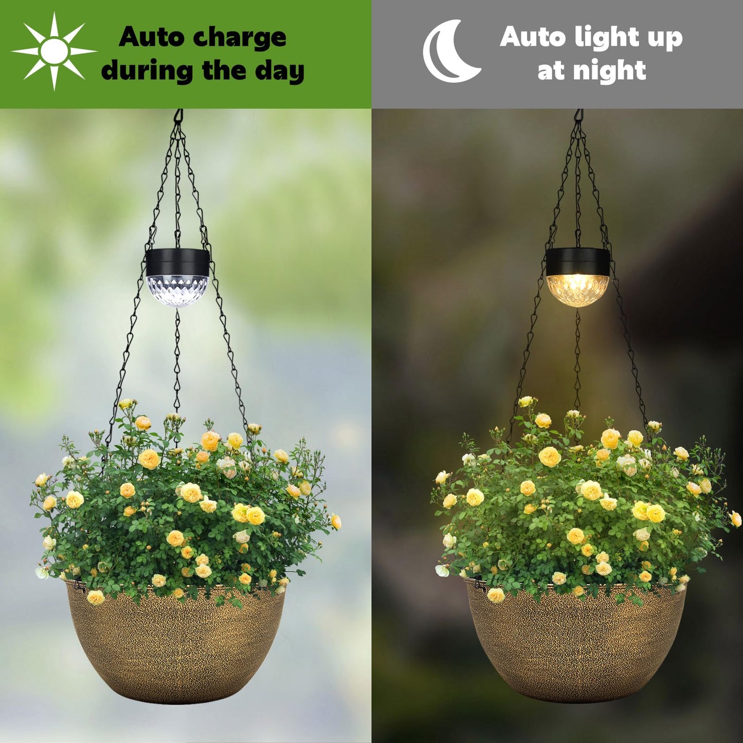 BAYN 2 Packs Solar Hanging Basket Planters for Plants Outdoor, Self Watering Copper Flower Plants Pots with Solar Light Drainer for Balcony Patio Garden Outdoor Decoration