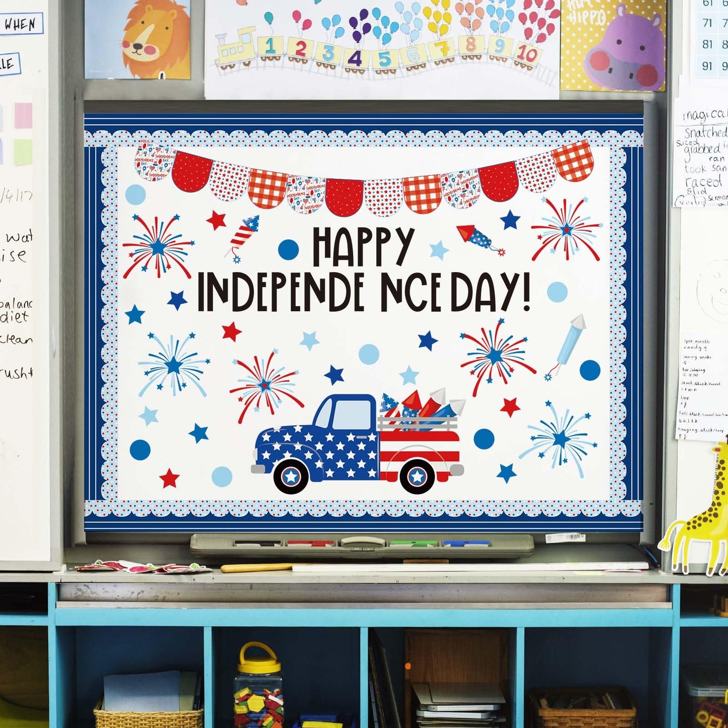 JarThenaAMCS 74Pcs Happy Independence Day Bulletin Board Kit Patriotic Red Blue Star Paper Cutouts with 100Pcs Glue Points 4th of July DIY Craft Art Decor for 250th Anniversary School Home Party