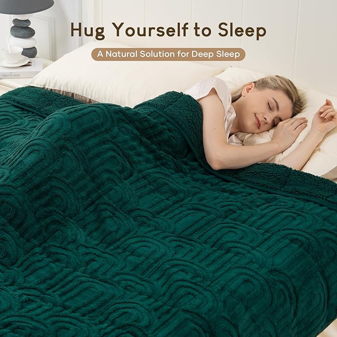Cottonblue Jacquard Weighted Blanket for Adults 15 lbs Twin Size, Cozy Fluffy Sherpa Fleece Weighted Throw Blankets 48" x 72" for Sleep Relax, Fuzzy Warm Arch Heavy Blanket Soft for Bed Couch, Green