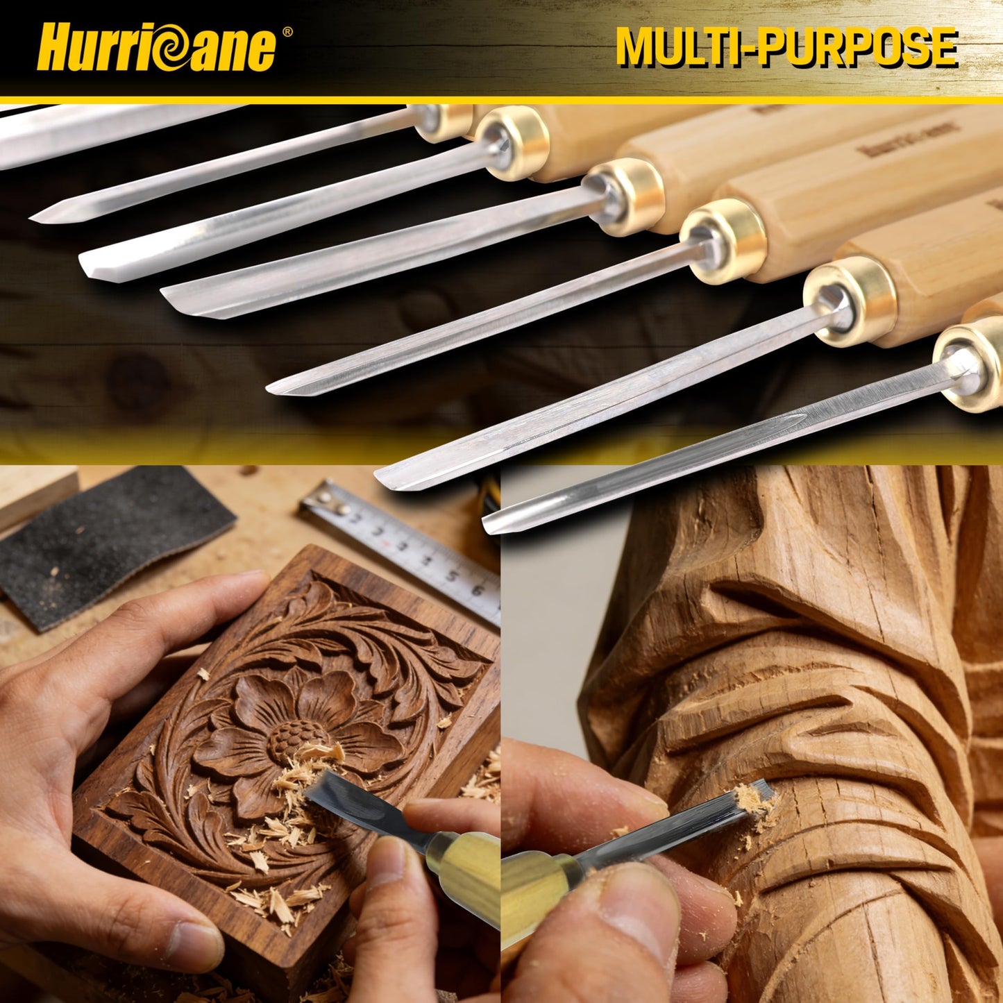 HURRICANE 12-Piece Wood Carving Tools Set, Professional Wood Carving Chisels Kit with Razor Sharp 60CRV Steel Blades, Ash Wood Handles & Canvas Case for Beginners & Professionals