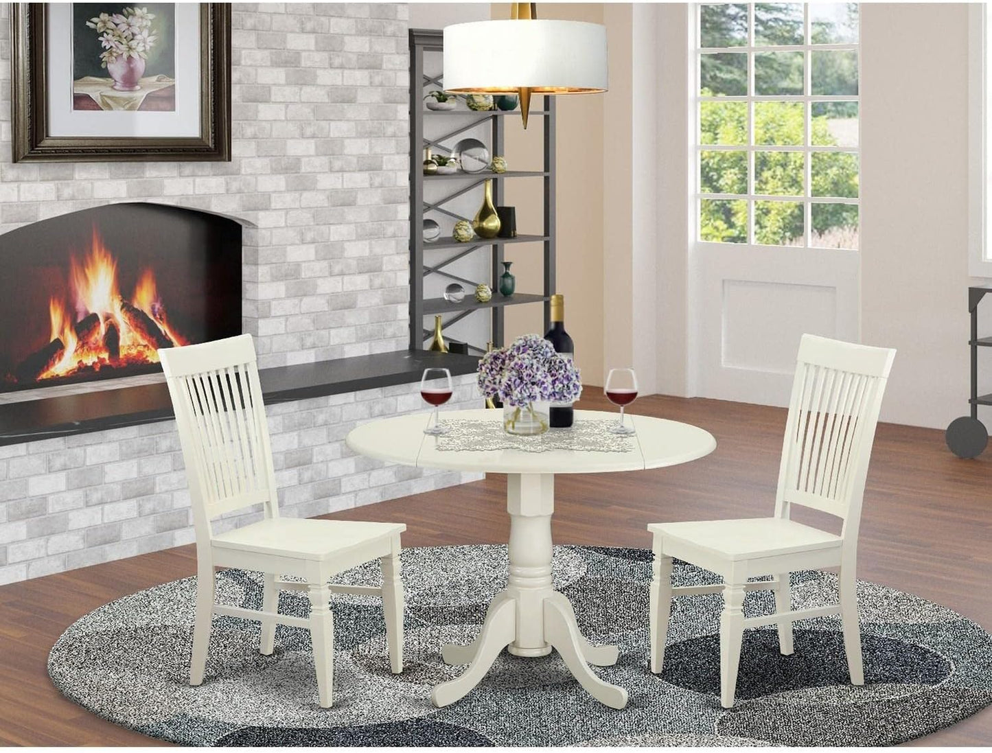 East West Furniture DLWE3-WHI-W 3 Piece Dinette Set for Small Spaces Contains a Round Dining Table with Dropleaf and 2 Dining Room Chairs, 42x42 Inch, Linen White