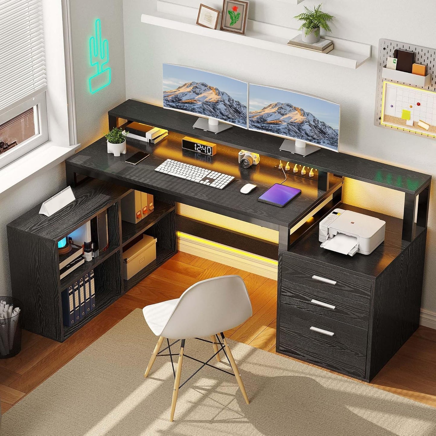 DWVO L Shaped Desk with Drawers, 65" Computer Desk with Power Outlets & LED Lights, Corner Home Office Desk with Storage Shelves & Printer Stand, Black