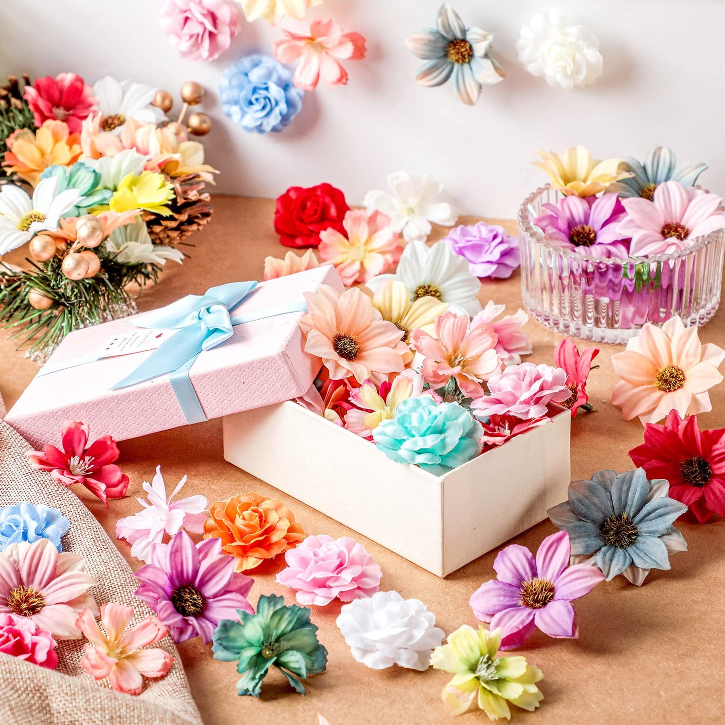 Hoteam 100 Pcs Assorted Flower Heads Decorative Artificial Fake Heads Small Faux Floral Crafts DIY Mini Daisy Rose Plum for Wedding Cake Mother's Day Party Wreath Home Spring (Bright)