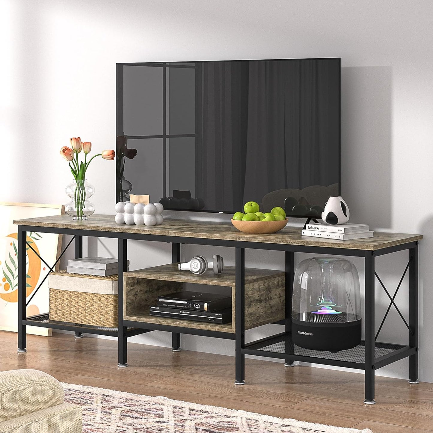 VECELO Industrial TV Stand for 70 Inch Television Cabinet 3-Tier Console with Open Storage Shelves, Entertainment Center Metal Frame for Living Room, Bedroom, 63 Inch, Light Grey